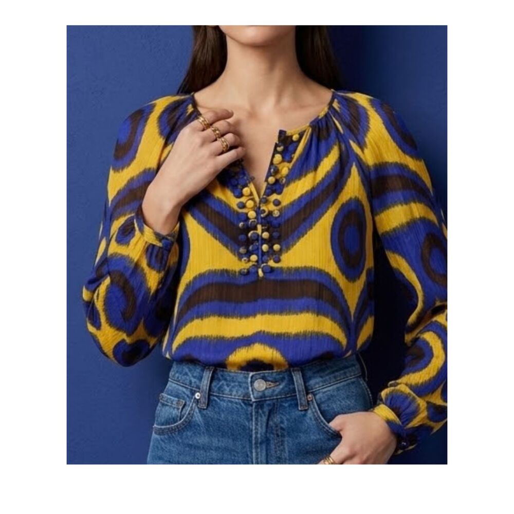 Tory Burch 100% Silk Abstract Print Embellished Peasant Blouse Sz 6